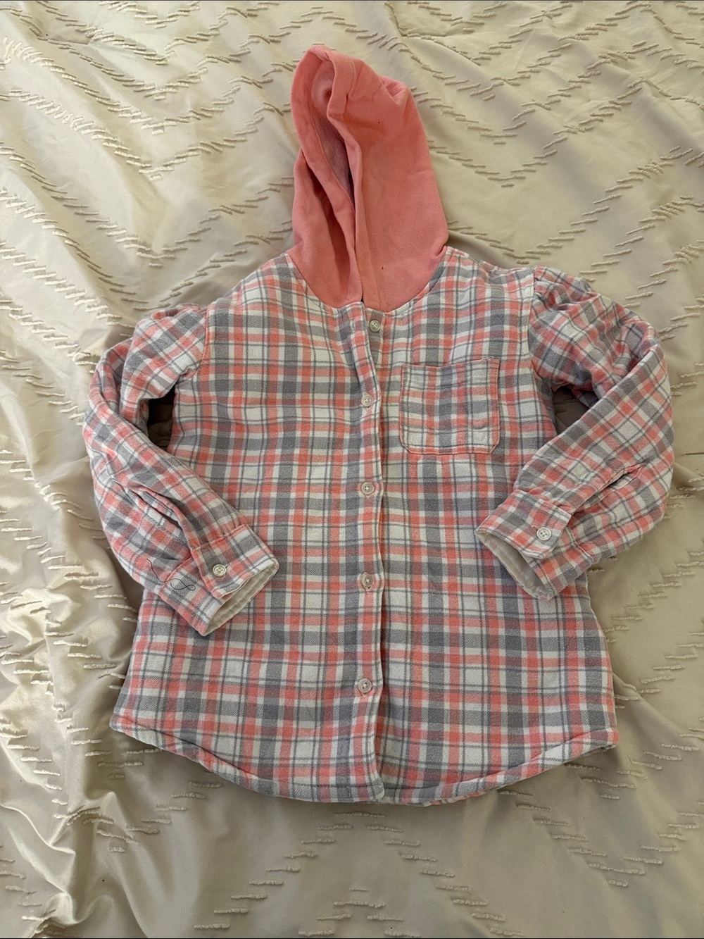 Kids Pink and Grey Plaid Hooded Button-Up Sherpa Shacket